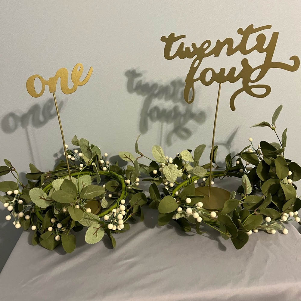 Beautiful gold written numbers 1 to 24 four tables at a wedding.